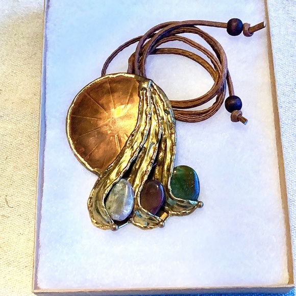 Vintage Art Deco Eclectic Metal & Stone Retro 2-in-1 Pendant & Brooch Necklace - Picture 4 of 10